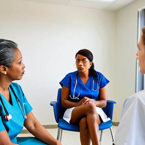 Home 4 **
A diverse group of healthcare professionals (nurse, doctor, technician) engaged in a mediation session. A mediator guides them through active listening, addressing an interpersonal conflict stemming from personality clashes. The setting is a brightly lit conference room within a modern hospital. Focus on empathetic expressions and body language indicating a move towards resolution.
**