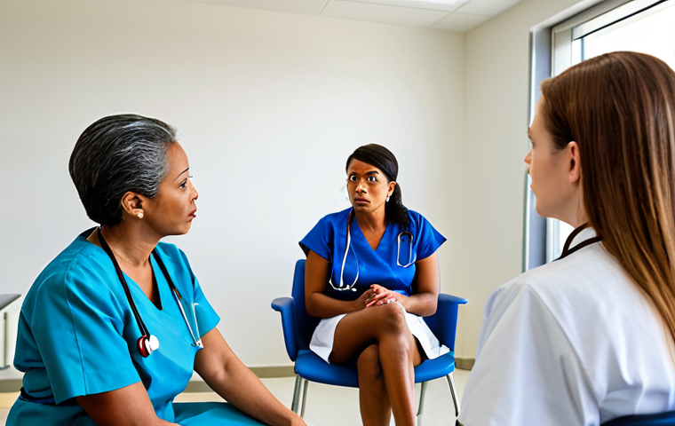 **
A diverse group of healthcare professionals (nurse, doctor, technician) engaged in a mediation session. A mediator guides them through active listening, addressing an interpersonal conflict stemming from personality clashes. The setting is a brightly lit conference room within a modern hospital. Focus on empathetic expressions and body language indicating a move towards resolution.
**