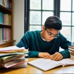 한의학 국가고시 합격 노하우 - **Prompt:** A young university student, around 20 years old, is seated at a large wooden desk in a w...