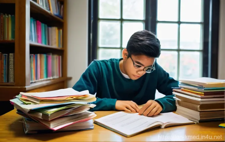 한의학 국가고시 합격 노하우 - **Prompt:** A young university student, around 20 years old, is seated at a large wooden desk in a w...