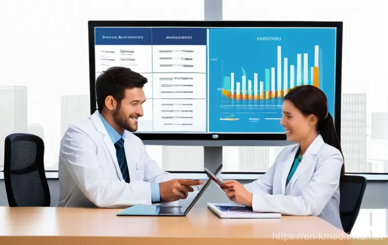 한의사와 보험 청구 실무 - **Prompt:** A dynamic and brightly lit image set in a modern, organized healthcare administration of...