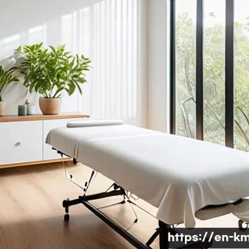 Home 15 한의사와 스트레스 관리 - A serene wellness clinic room bathed in soft natural light, featuring a calm adult woman lying comfo...