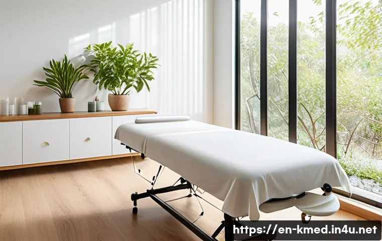 한의사와 스트레스 관리 - A serene wellness clinic room bathed in soft natural light, featuring a calm adult woman lying comfo...
