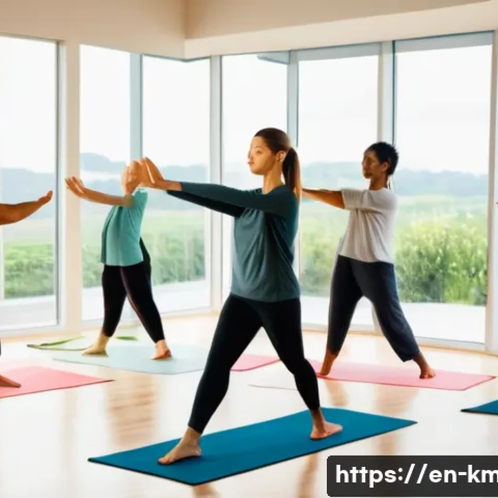 한의사와 한방 다이어트 프로그램 - A serene wellness studio scene showing a diverse group of adults practicing mindful yoga and tai chi...