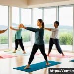 Home 23 한의사와 한방 다이어트 프로그램 - A serene wellness studio scene showing a diverse group of adults practicing mindful yoga and tai chi...
