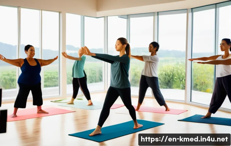 한의사와 한방 다이어트 프로그램 - A serene wellness studio scene showing a diverse group of adults practicing mindful yoga and tai chi...