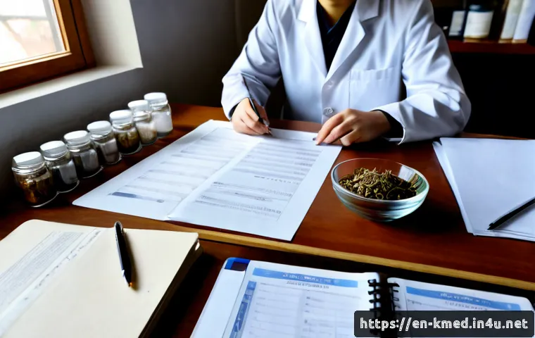 한의학 연구 논문 정리 - Photorealistic university medical researcher organizing traditional Chinese medicine research papers...
