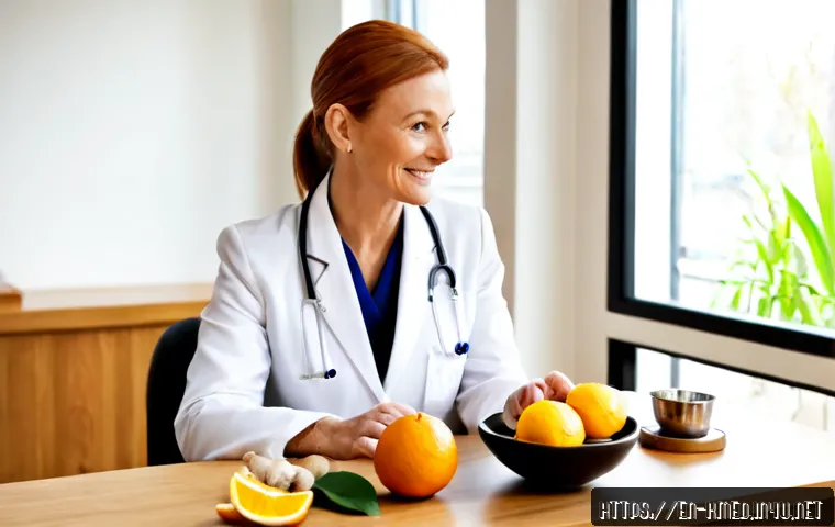 Home 17 한의학과 예방 의학 - Photorealistic preventive wellness consultation in a bright, modern integrative health clinic, a fri...